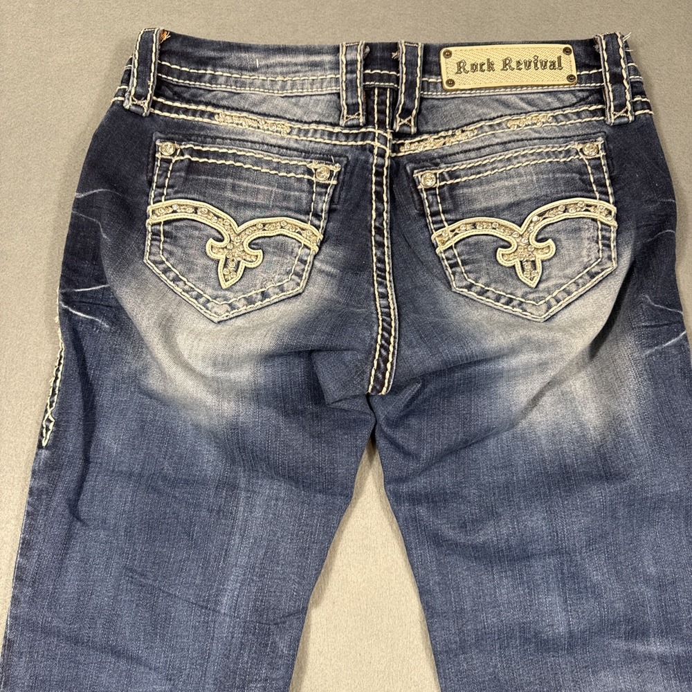 Rock Revival Eloise Easy Boot WOMEN 26 Jeans RHINSTONE THICK STITCH WHISKERING